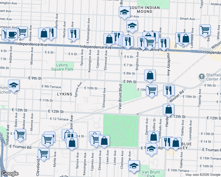 map of restaurants, bars, coffee shops, grocery stores, and more near 4617 East 10th Street in Kansas City