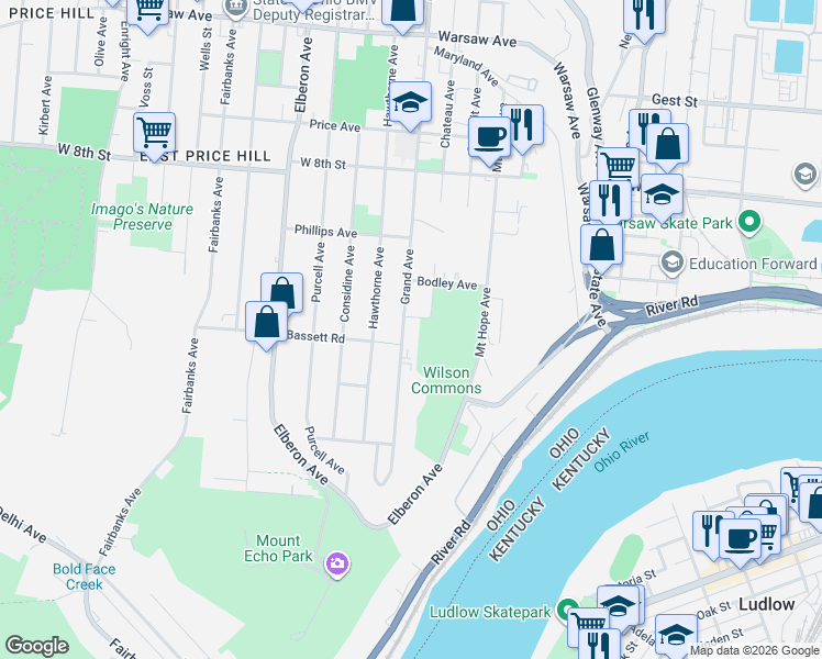 map of restaurants, bars, coffee shops, grocery stores, and more near 508 Grand Avenue in Cincinnati