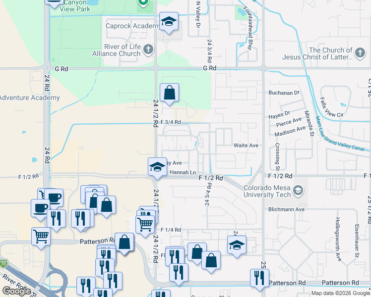 map of restaurants, bars, coffee shops, grocery stores, and more near 2471 Brookwillow Loop in Grand Junction