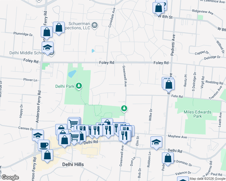 map of restaurants, bars, coffee shops, grocery stores, and more near 4975 Donlar Avenue in Cincinnati