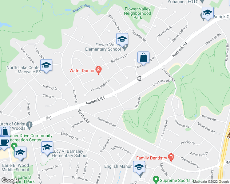 map of restaurants, bars, coffee shops, grocery stores, and more near Norbeck Rd & Westbury Rd in Aspen Hill