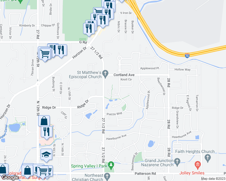 map of restaurants, bars, coffee shops, grocery stores, and more near 3703 Sparrow Court in Grand Junction