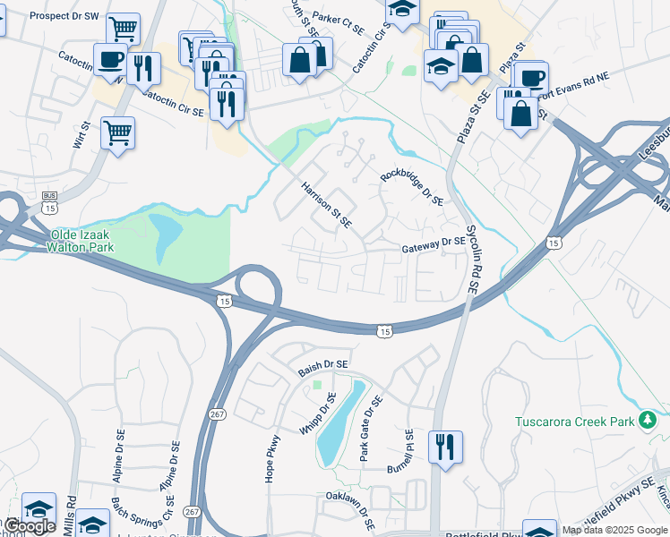 map of restaurants, bars, coffee shops, grocery stores, and more near 653 Constellation Square Southeast in Leesburg