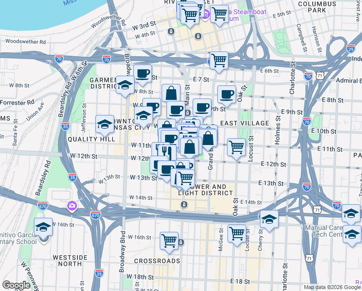 map of restaurants, bars, coffee shops, grocery stores, and more near 1044 Main Street in Kansas City