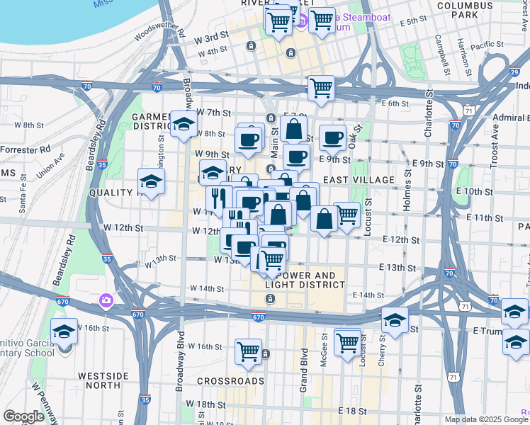 map of restaurants, bars, coffee shops, grocery stores, and more near in Kansas City