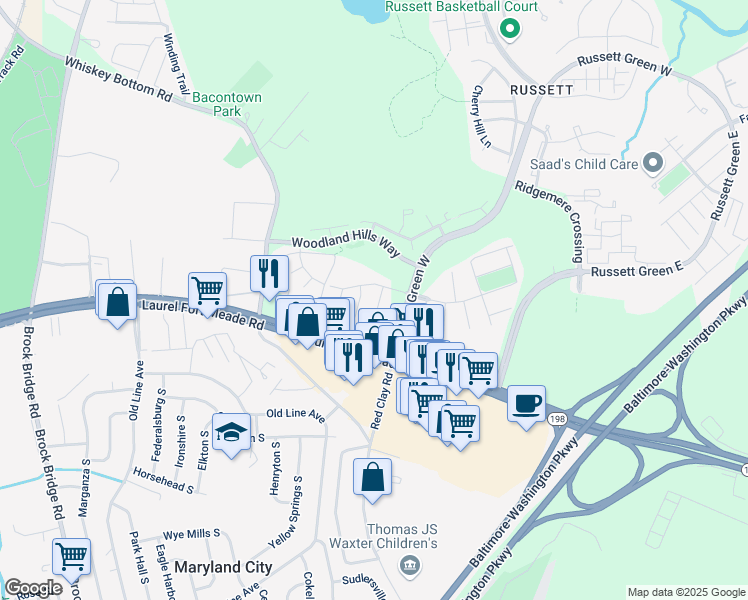 map of restaurants, bars, coffee shops, grocery stores, and more near 8612 Indian Springs Road in Laurel