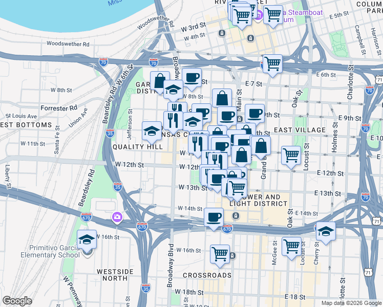 map of restaurants, bars, coffee shops, grocery stores, and more near Central St & W 11th St in Kansas City