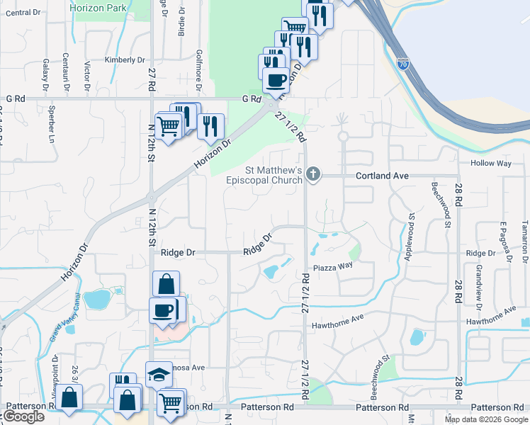 map of restaurants, bars, coffee shops, grocery stores, and more near 3612 Ridge Court in Grand Junction