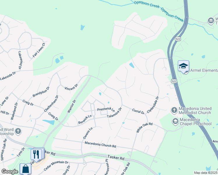 map of restaurants, bars, coffee shops, grocery stores, and more near 433 Talamore Drive in Stephens City