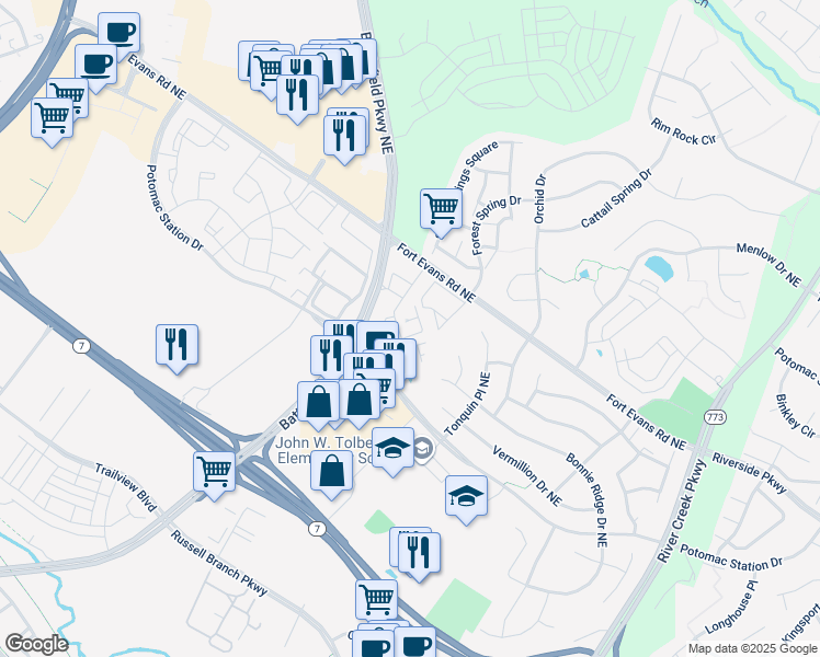 map of restaurants, bars, coffee shops, grocery stores, and more near 750 Mount Airy Terrace Northeast in Leesburg