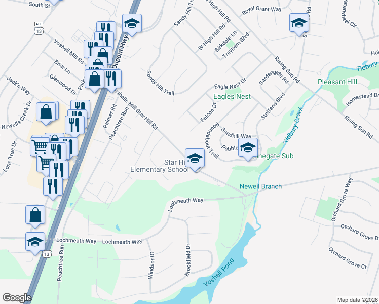 map of restaurants, bars, coffee shops, grocery stores, and more near 515 Voshells Mill Star Hill Road in Dover