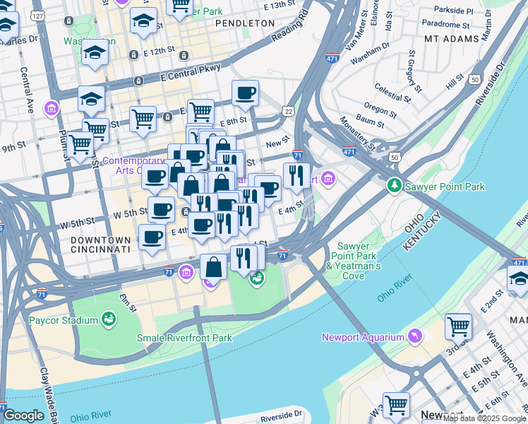 map of restaurants, bars, coffee shops, grocery stores, and more near 319-331 East 4th Street in Cincinnati