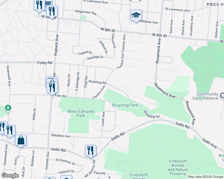 map of restaurants, bars, coffee shops, grocery stores, and more near 4262 Fehr Road in Cincinnati