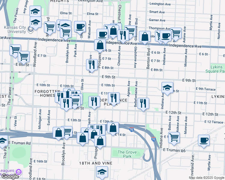 map of restaurants, bars, coffee shops, grocery stores, and more near 2639e East 11 Street in Kansas City