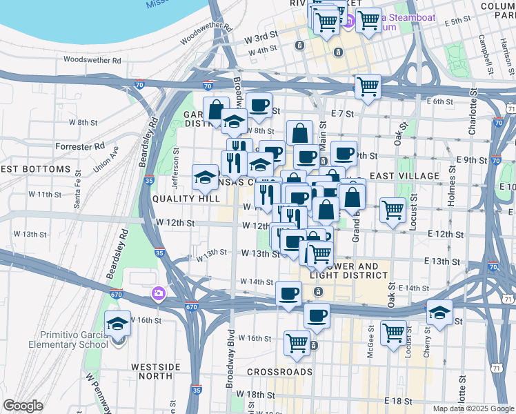 map of restaurants, bars, coffee shops, grocery stores, and more near 1100-1198 Central Street in Kansas City