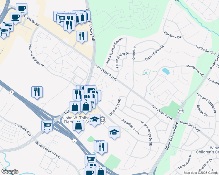 map of restaurants, bars, coffee shops, grocery stores, and more near 654 Fort Evans Road Northeast in Leesburg