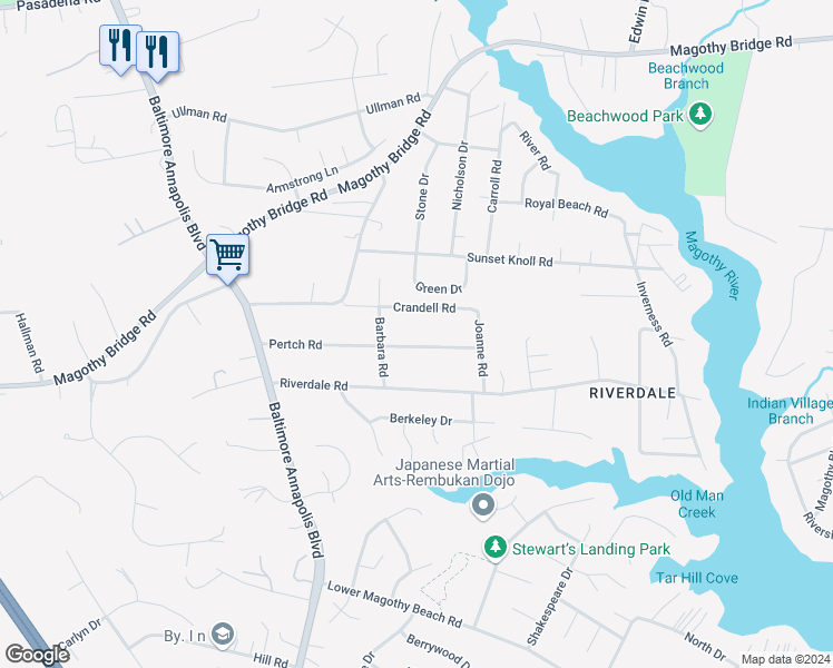 map of restaurants, bars, coffee shops, grocery stores, and more near 302 Pertch Road in Severna Park
