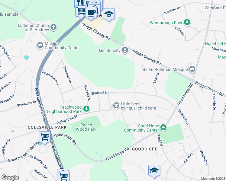 map of restaurants, bars, coffee shops, grocery stores, and more near 904 Windmill Lane in Silver Spring