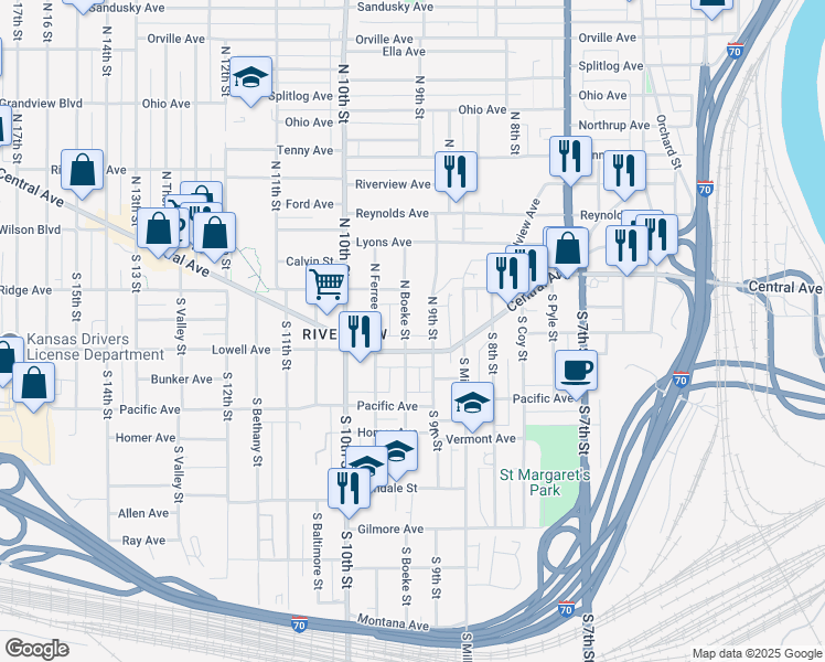 map of restaurants, bars, coffee shops, grocery stores, and more near 11 North Boeke Street in Kansas City