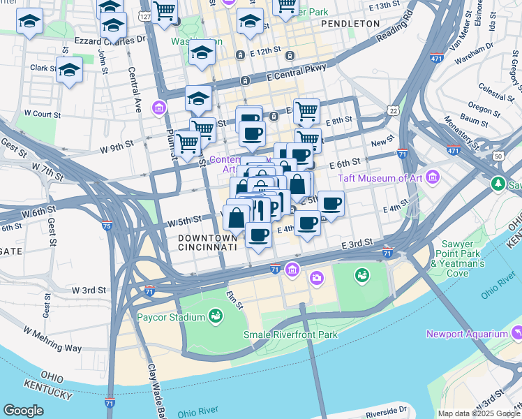 map of restaurants, bars, coffee shops, grocery stores, and more near 495 Vine Street in Cincinnati
