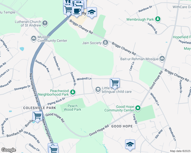 map of restaurants, bars, coffee shops, grocery stores, and more near 904 Windmill Lane in Silver Spring