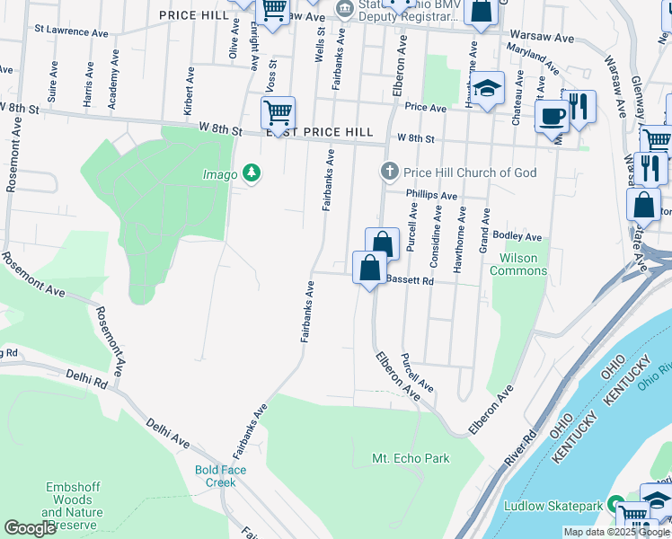 map of restaurants, bars, coffee shops, grocery stores, and more near 503 Woodlawn Avenue in Cincinnati