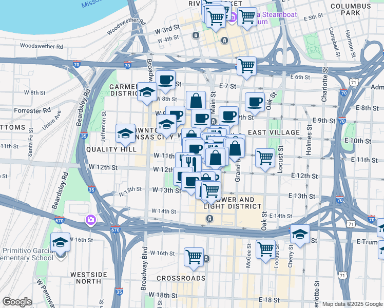 map of restaurants, bars, coffee shops, grocery stores, and more near in Kansas City