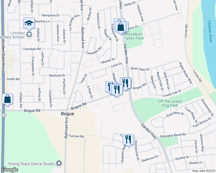 map of restaurants, bars, coffee shops, grocery stores, and more near 613 Bogue Road in Yuba City