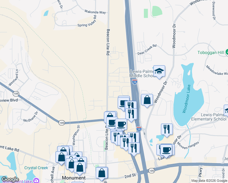 map of restaurants, bars, coffee shops, grocery stores, and more near 800 Beacon Lite Road in Monument