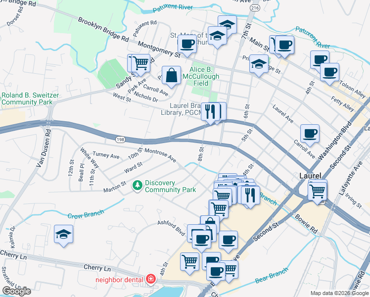 map of restaurants, bars, coffee shops, grocery stores, and more near 808 8th Street in Laurel