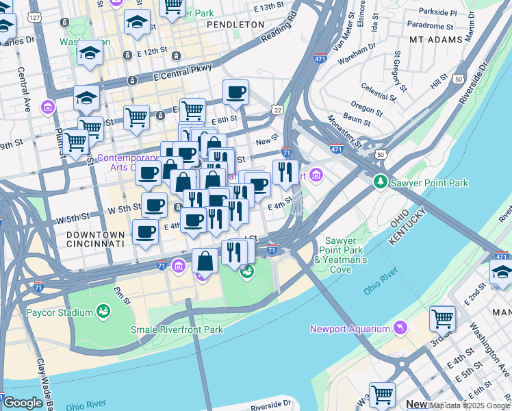 map of restaurants, bars, coffee shops, grocery stores, and more near 319-331 East 4th Street in Cincinnati