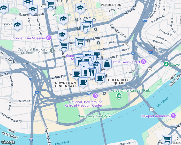 map of restaurants, bars, coffee shops, grocery stores, and more near 14 East 4th Street in Cincinnati