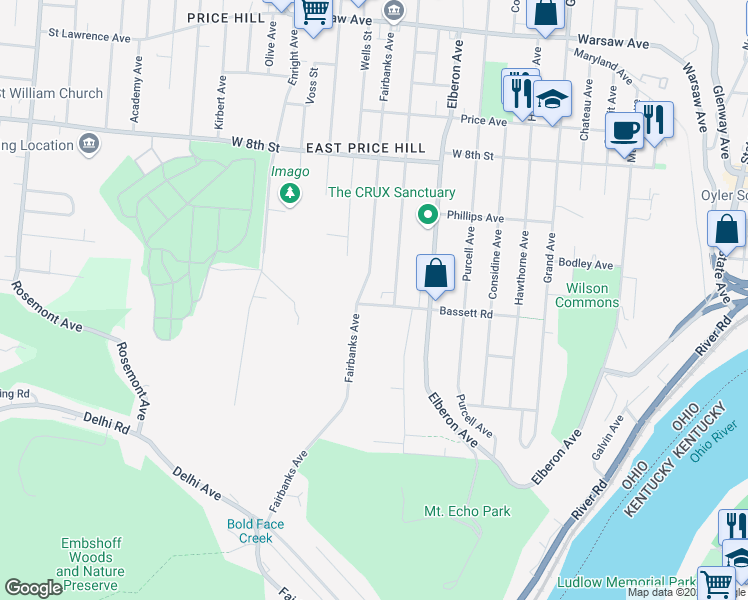 map of restaurants, bars, coffee shops, grocery stores, and more near 3457 Bassett Road in Cincinnati