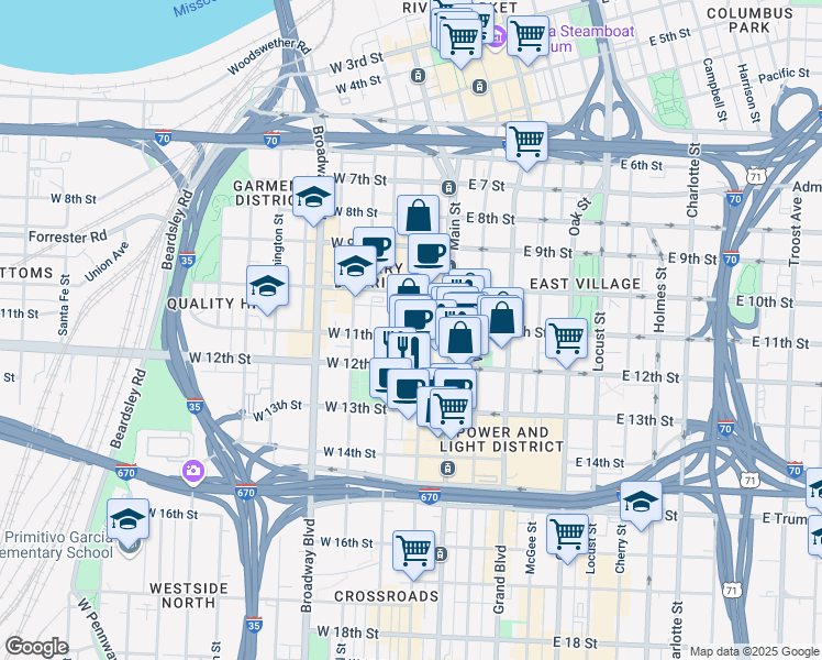 map of restaurants, bars, coffee shops, grocery stores, and more near in Kansas City