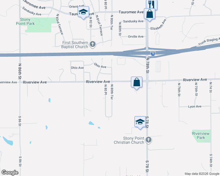 map of restaurants, bars, coffee shops, grocery stores, and more near 115 North 80 Terrace in Kansas City