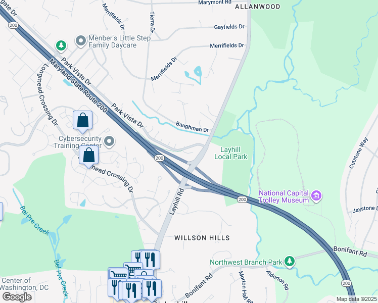 map of restaurants, bars, coffee shops, grocery stores, and more near 17 Park Vista Court in Silver Spring