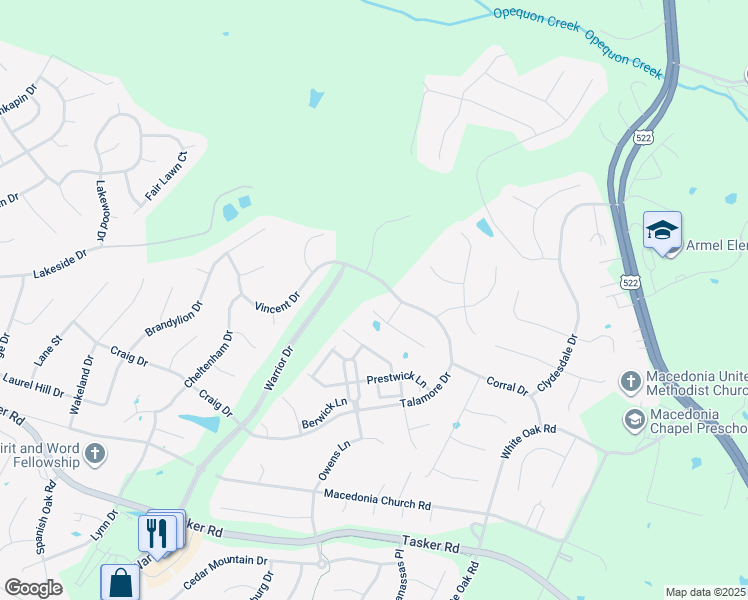 map of restaurants, bars, coffee shops, grocery stores, and more near 101 Collington Court in Stephens City