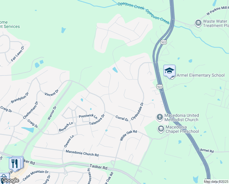 map of restaurants, bars, coffee shops, grocery stores, and more near Ivy Hill Court in Stephens City