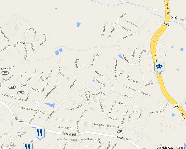map of restaurants, bars, coffee shops, grocery stores, and more near 101 Collington Court in Stephens City