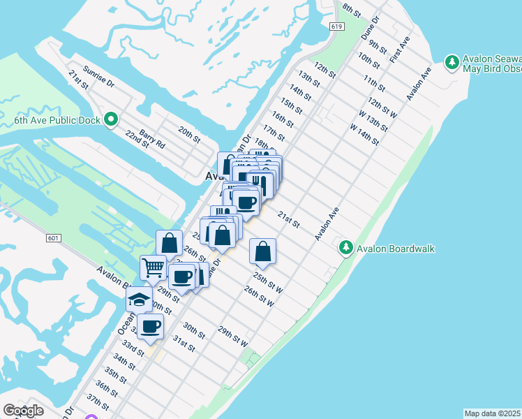 map of restaurants, bars, coffee shops, grocery stores, and more near 2109 Dune Drive in Avalon