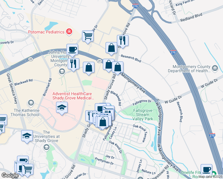 map of restaurants, bars, coffee shops, grocery stores, and more near 14995 Shady Grove Road in Rockville