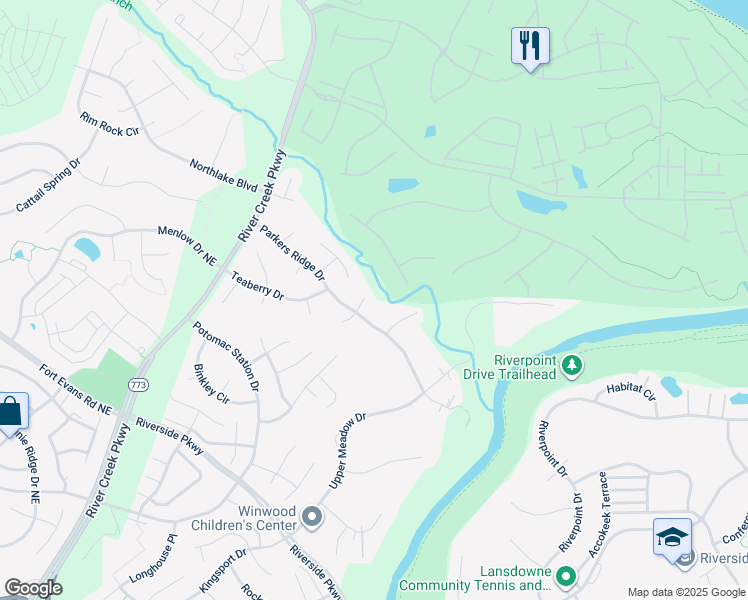map of restaurants, bars, coffee shops, grocery stores, and more near 18614 Berwyn Court in Leesburg
