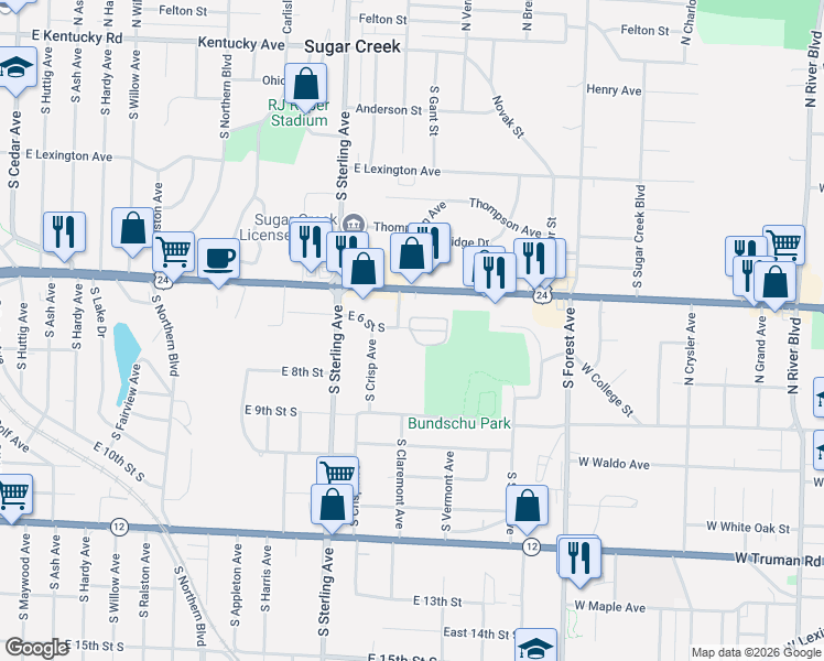 map of restaurants, bars, coffee shops, grocery stores, and more near 610 South Claremont Avenue in Independence