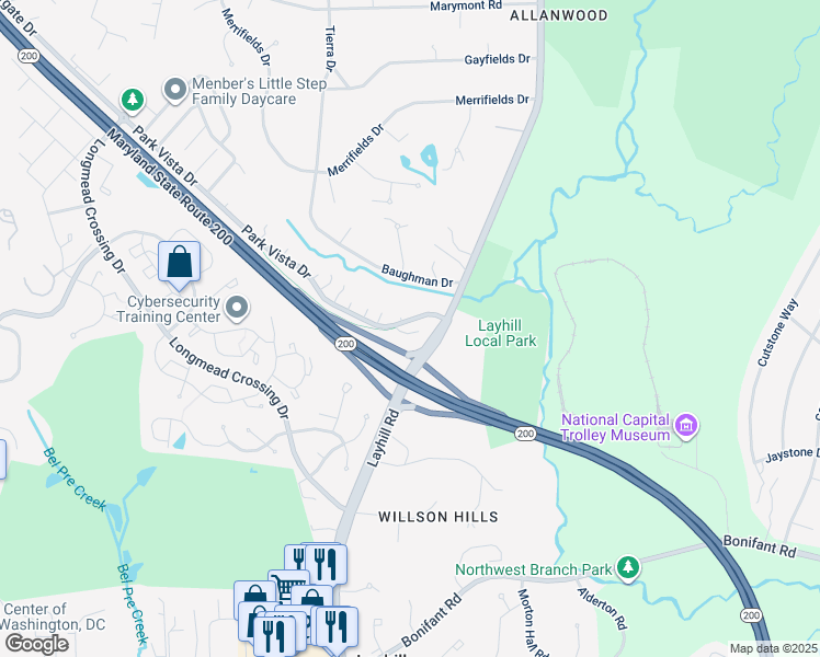 map of restaurants, bars, coffee shops, grocery stores, and more near 17 Park Vista Court in Silver Spring
