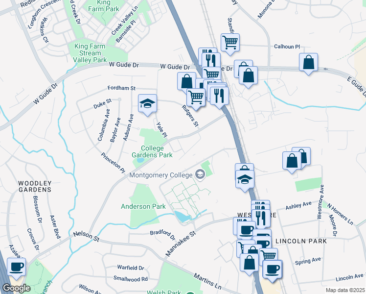 map of restaurants, bars, coffee shops, grocery stores, and more near 438 College Parkway in Rockville