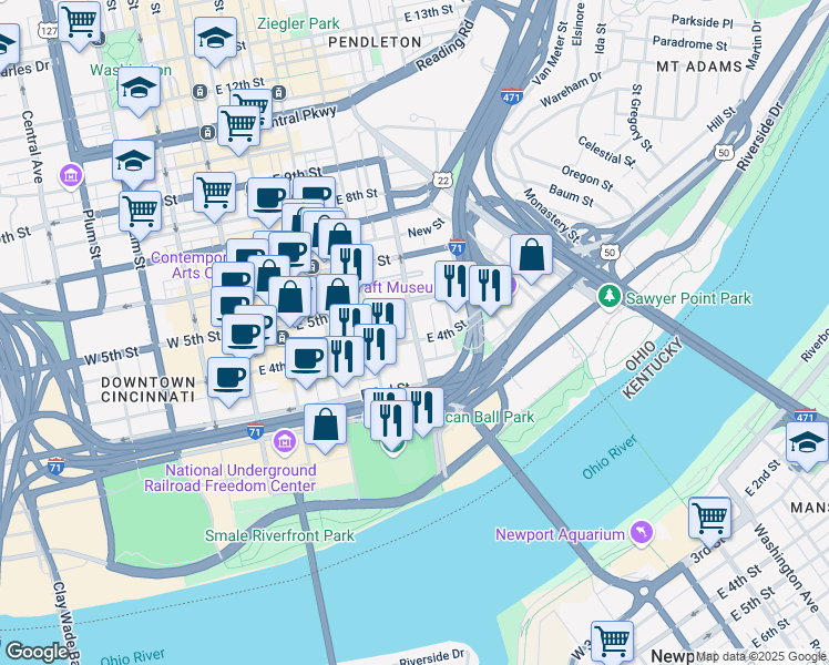 map of restaurants, bars, coffee shops, grocery stores, and more near 405 Old Broadway Street in Cincinnati