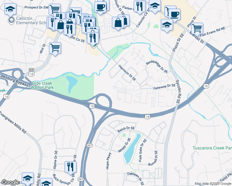 map of restaurants, bars, coffee shops, grocery stores, and more near 501 Constellation Square Southeast in Leesburg
