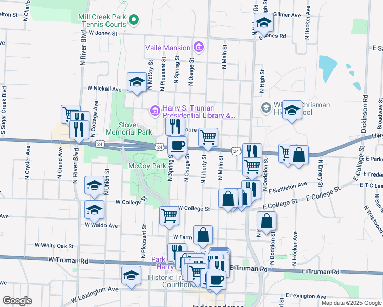 map of restaurants, bars, coffee shops, grocery stores, and more near 911 North Osage Street in Independence