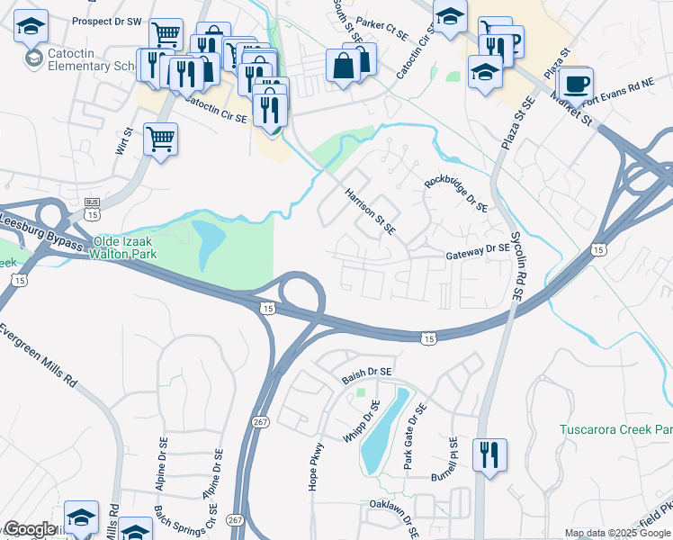 map of restaurants, bars, coffee shops, grocery stores, and more near 501 Constellation Square Southeast in Leesburg