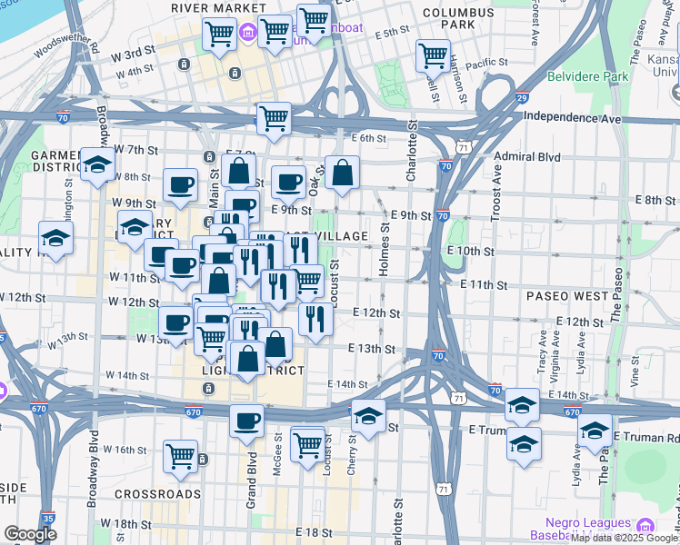 map of restaurants, bars, coffee shops, grocery stores, and more near 500 East 11th Street in Kansas City